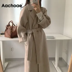 Aachoae Women Elegant Long Wool Coat With Belt Long Sleeve Overcoat