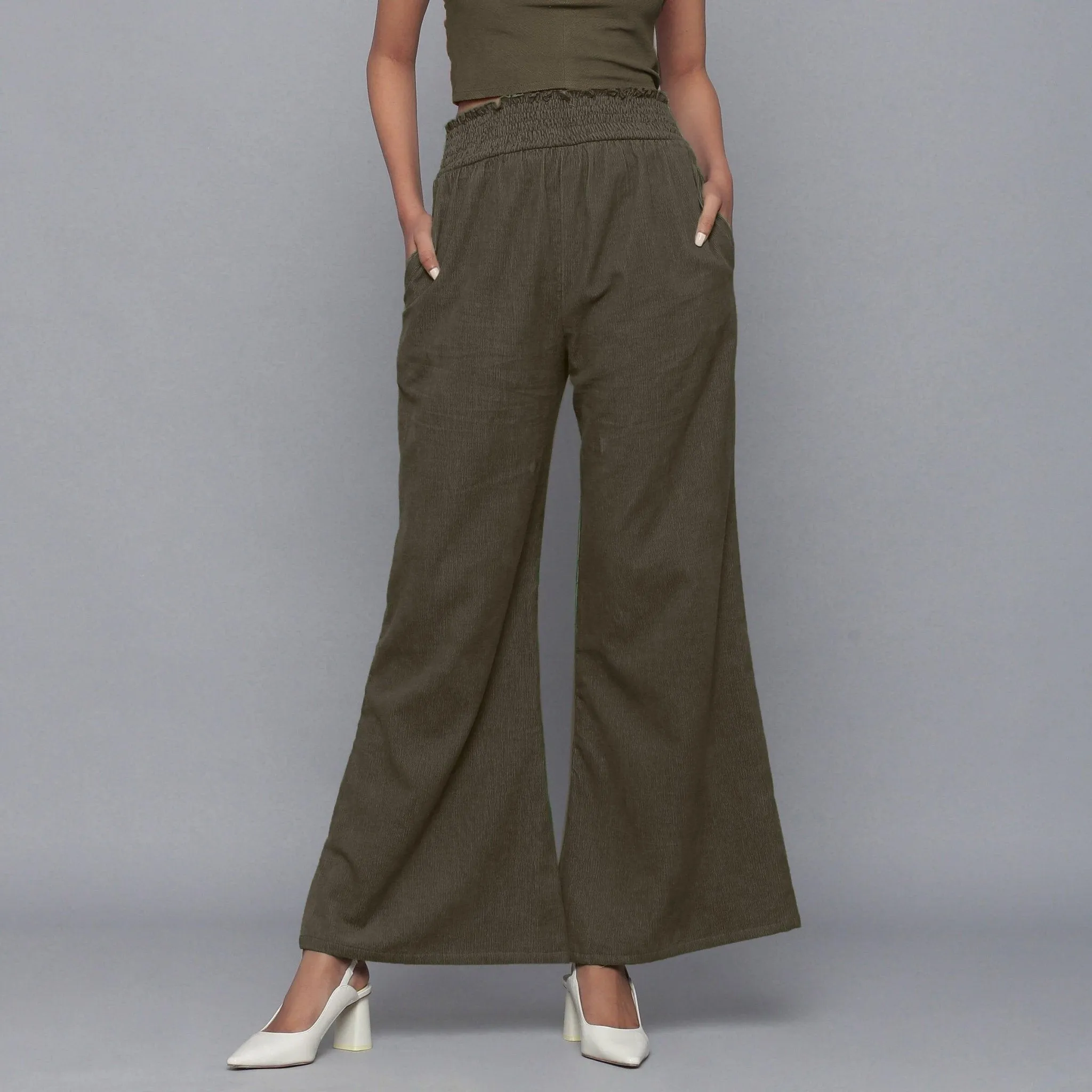 Bronze Grey Warm Cotton Corduroy Elasticated Bootcut Pant