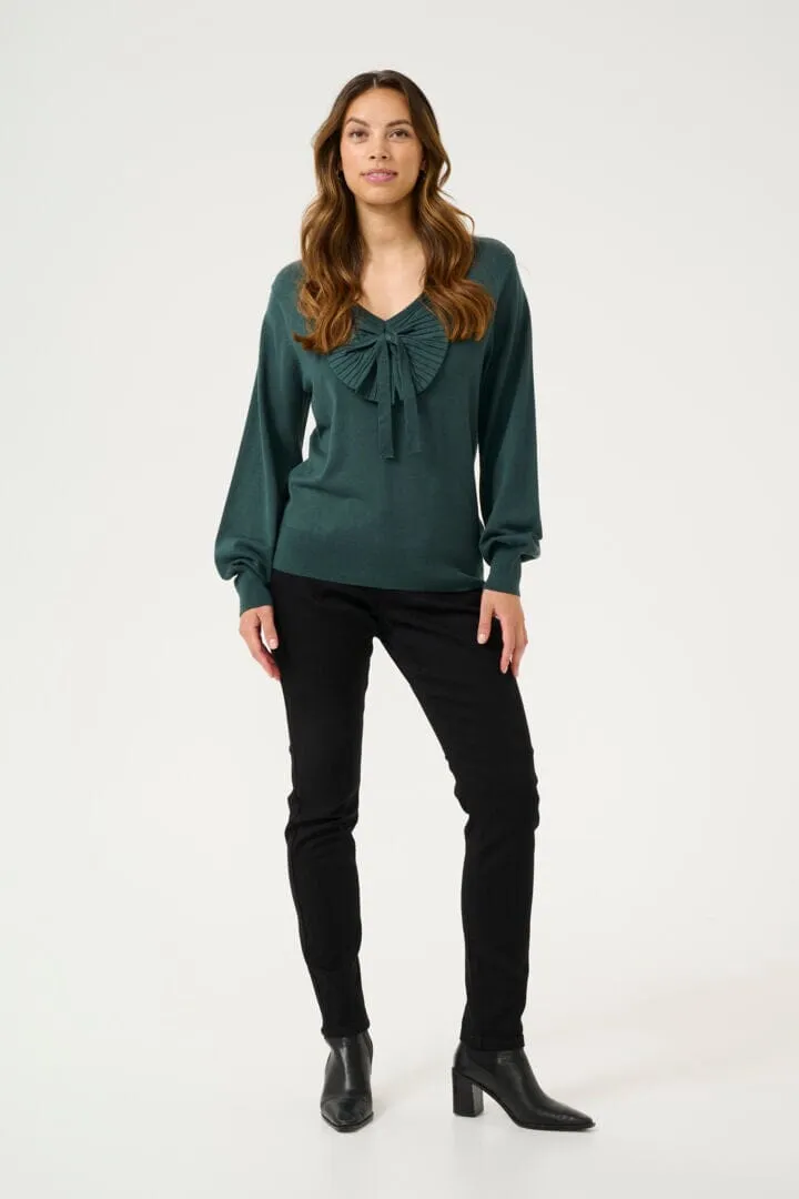 DARK GREEN BOW DETAIL VNECK SWEATER