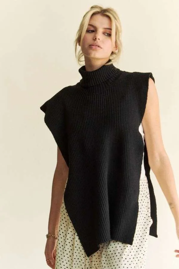 Davi & Dani Side Split Turtleneck Sleeveless Knit Sweater