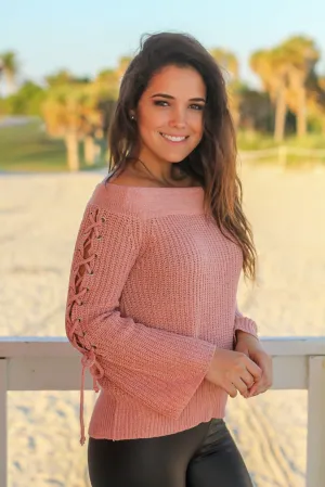 Dusty Pink Off Shoulder Lace Up Sweater