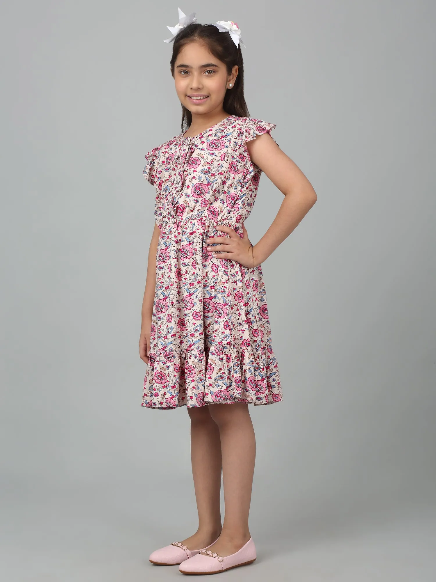 Girl's Pink Knee Length Floral Printed Dress