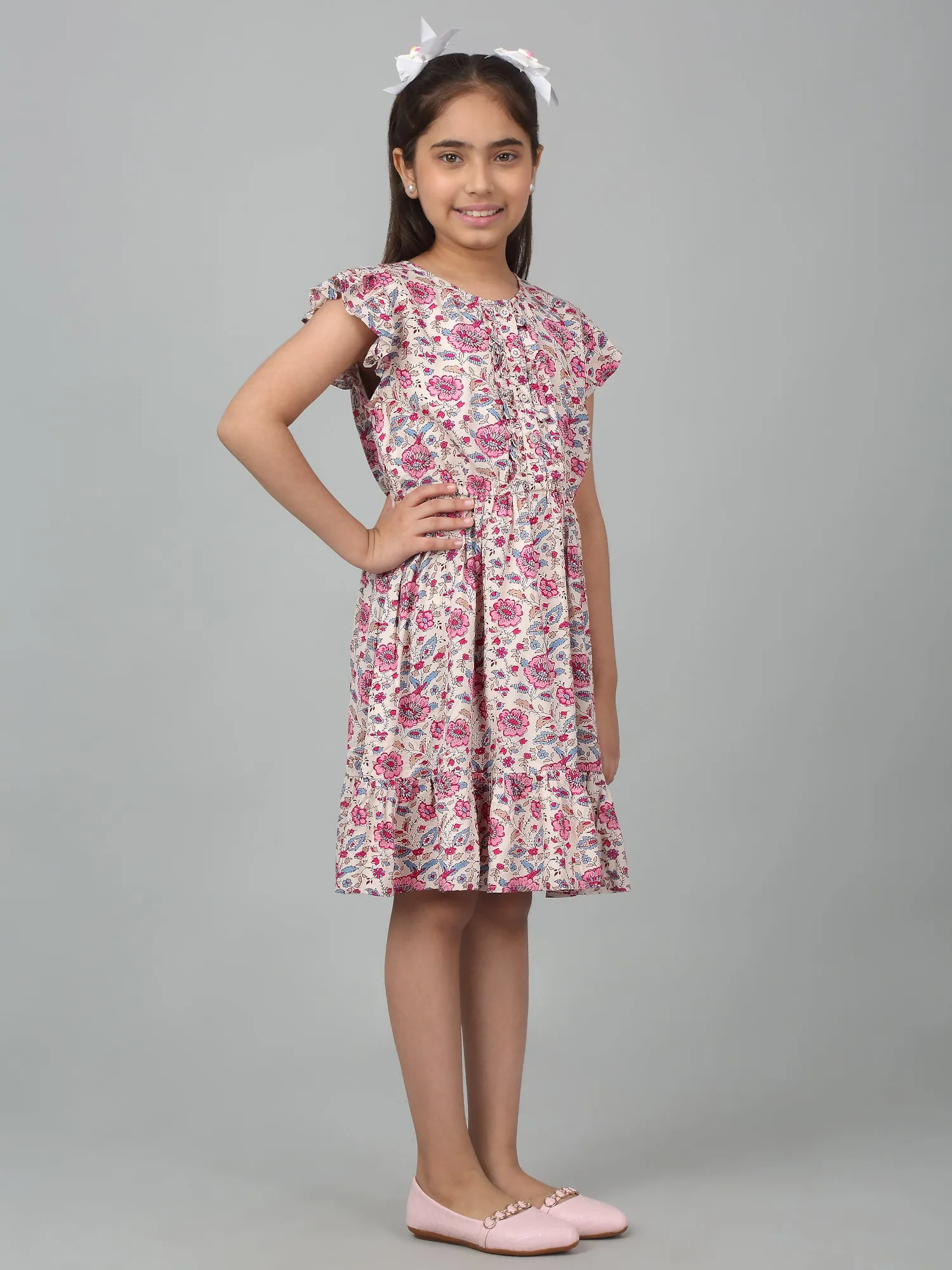 Girl's Pink Knee Length Floral Printed Dress