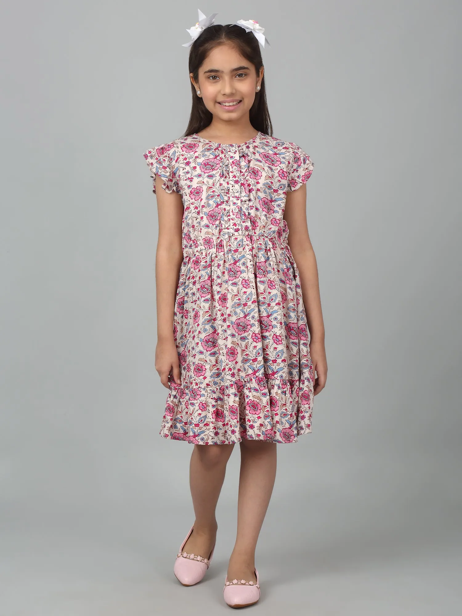 Girl's Pink Knee Length Floral Printed Dress