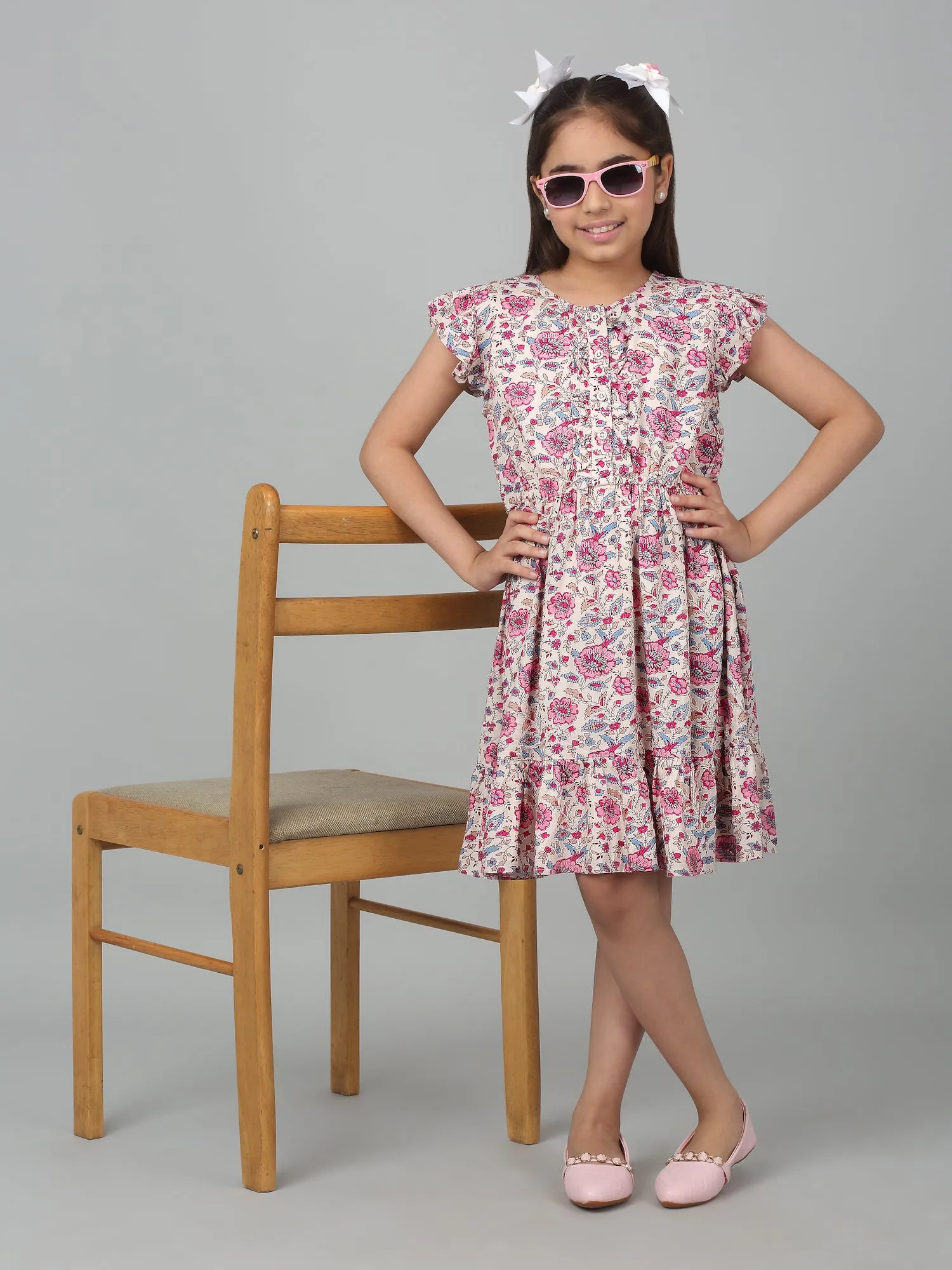 Girl's Pink Knee Length Floral Printed Dress