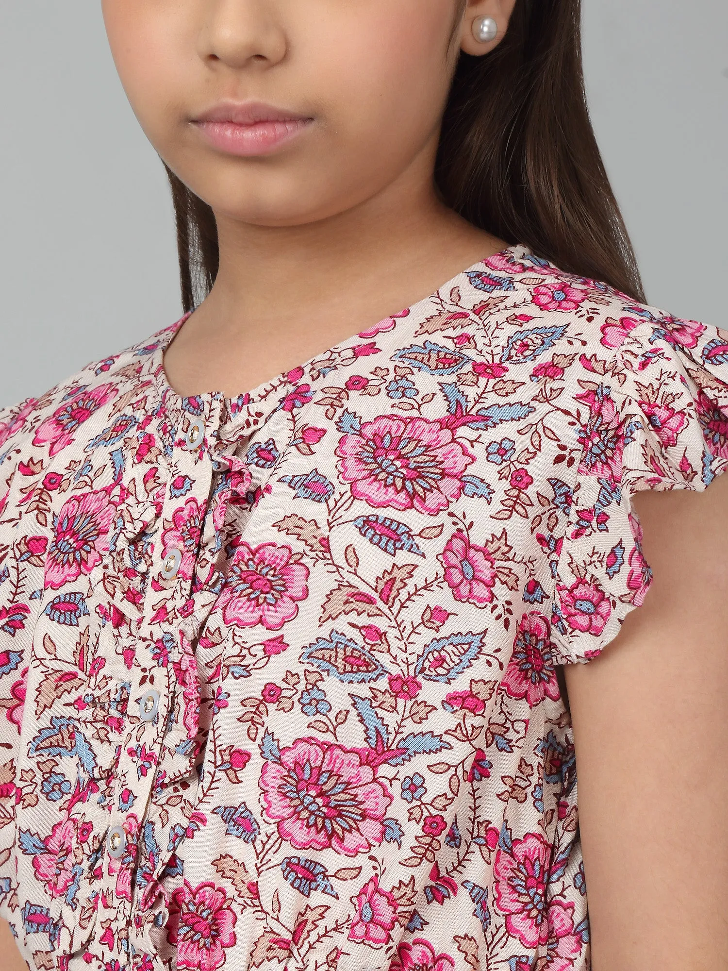 Girl's Pink Knee Length Floral Printed Dress