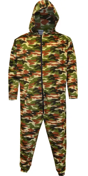 Green Camo Print Mens Hooded Fleece Onesie