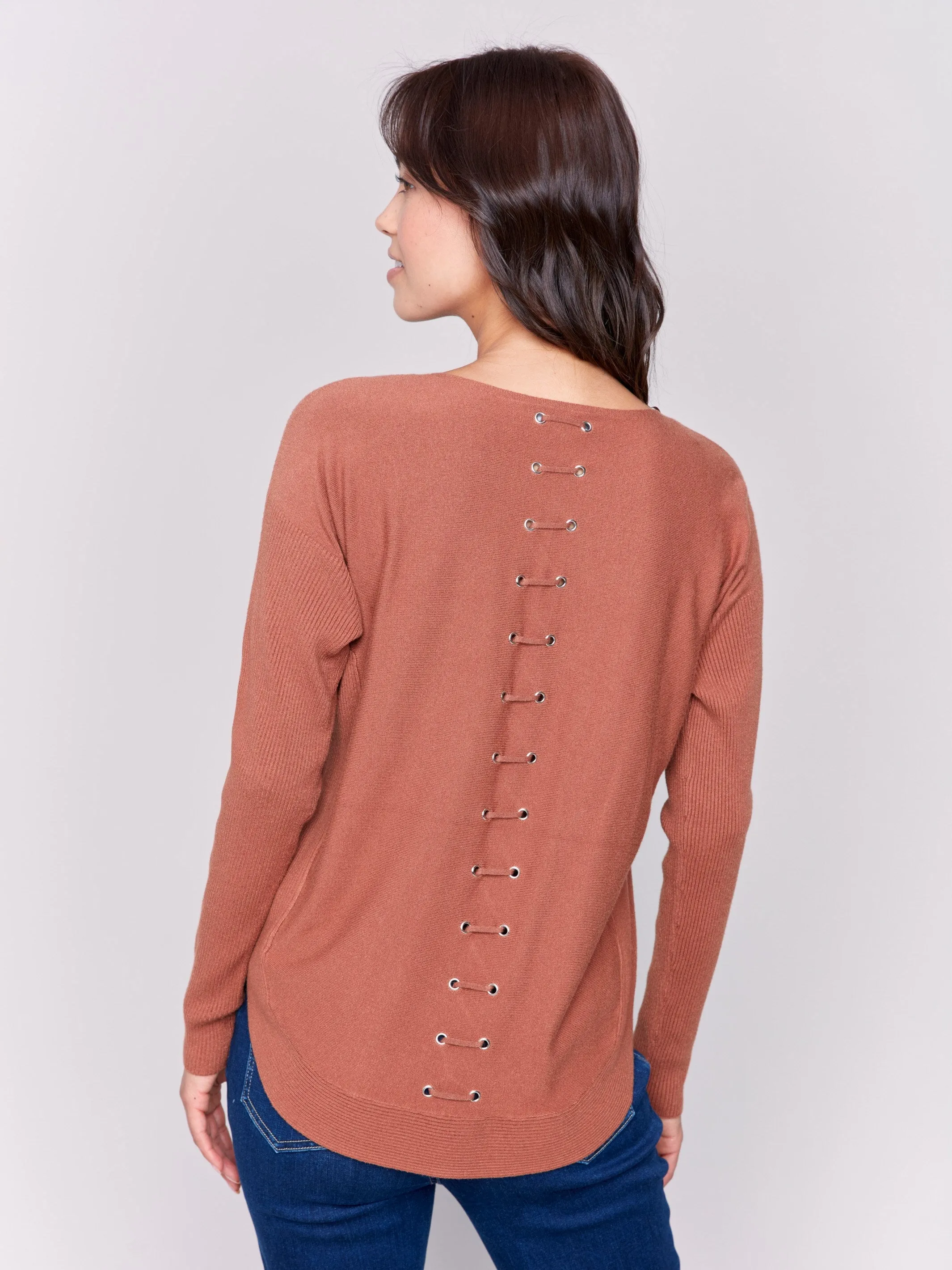 Knit Sweater with Back Detail Lace-Up - Terracotta