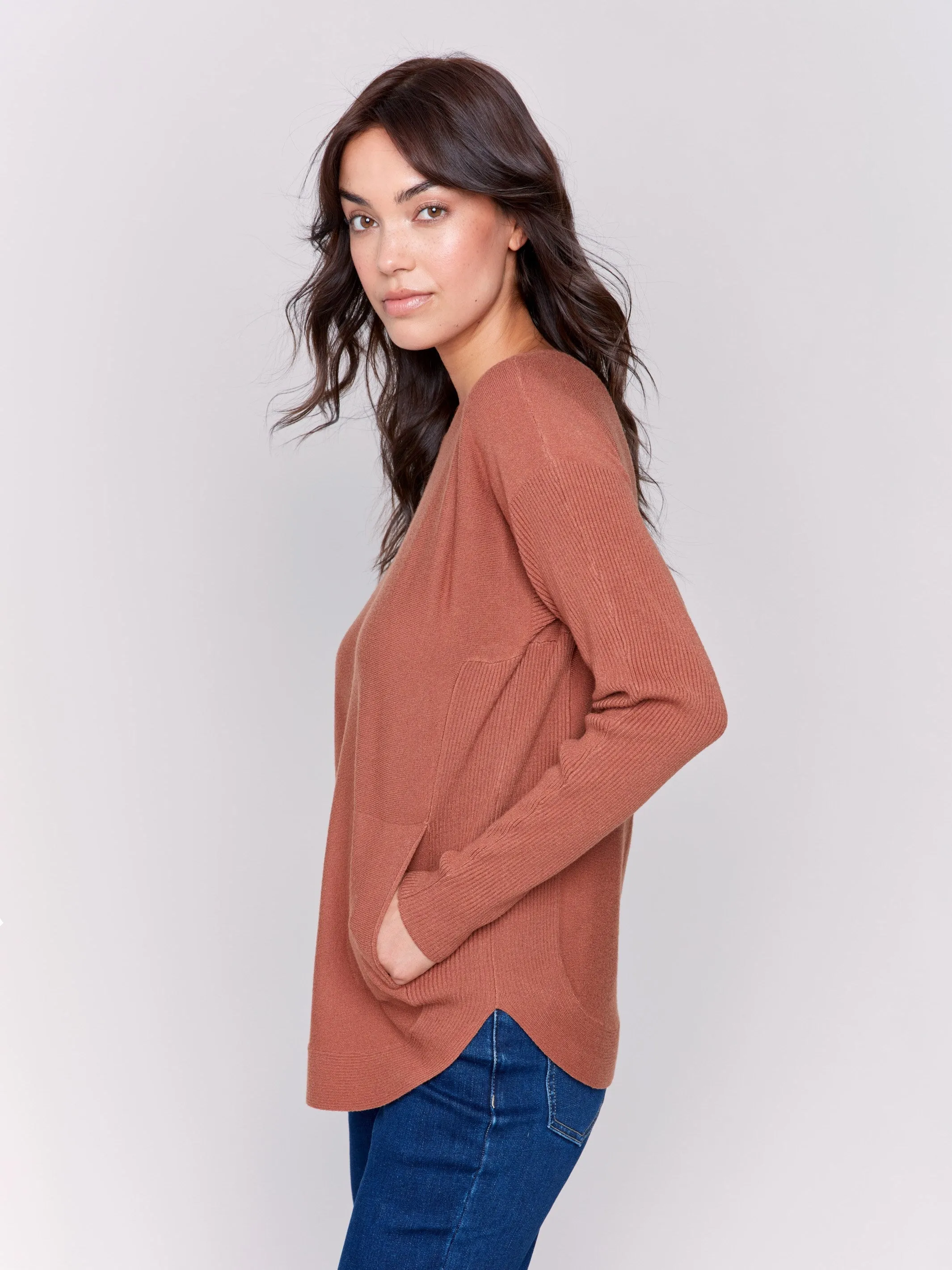 Knit Sweater with Back Detail Lace-Up - Terracotta