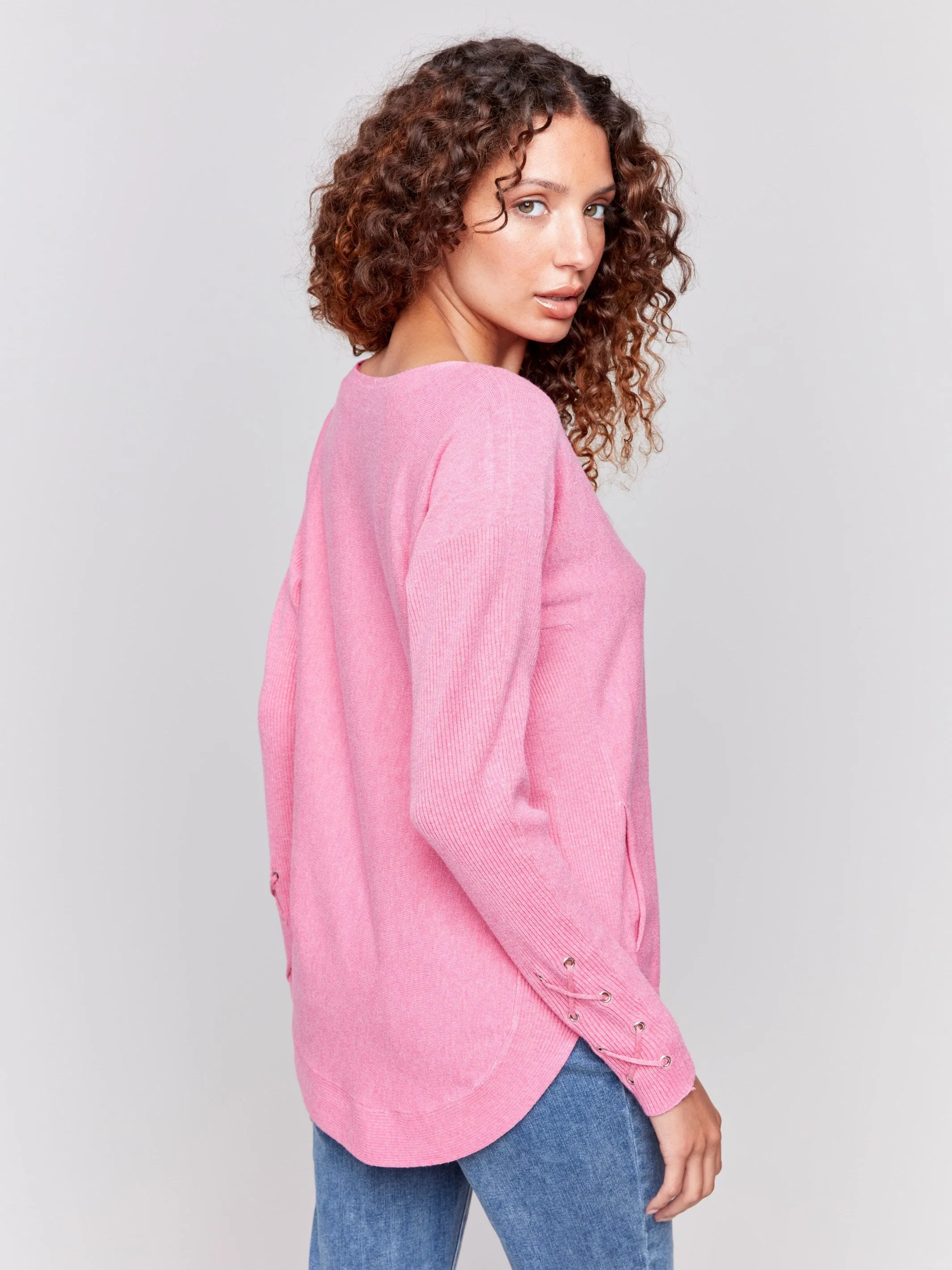 Knit Sweater with Lace-Up Cuffs - Magenta