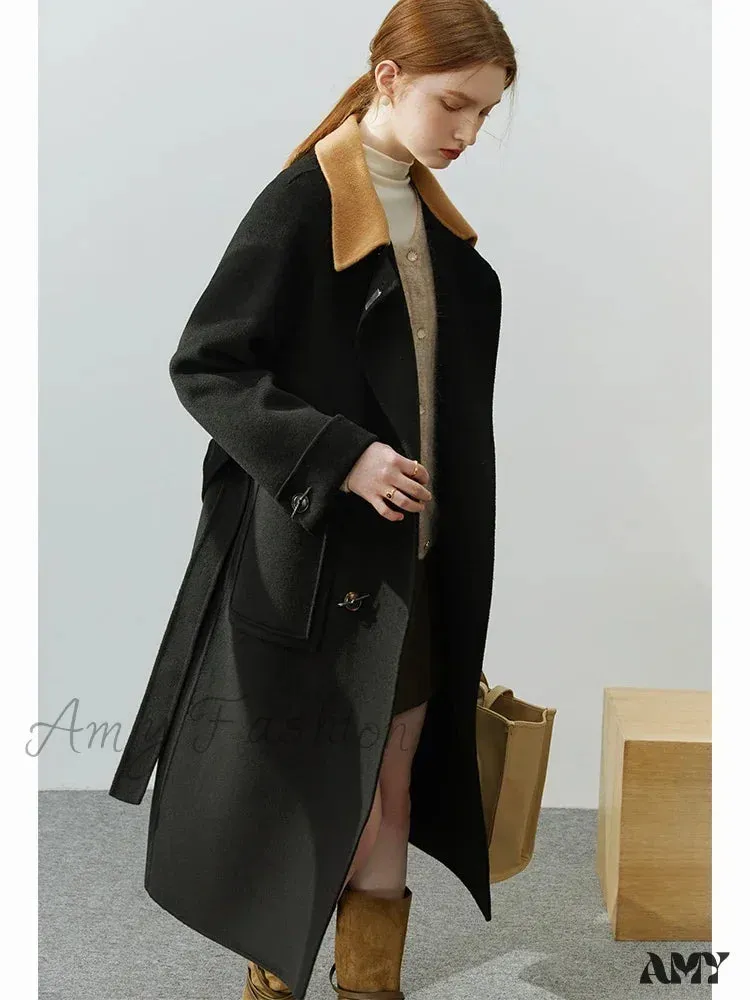 Korean Style Colorblock Lapel Double-sided Elegant Wind Mid-length Coat