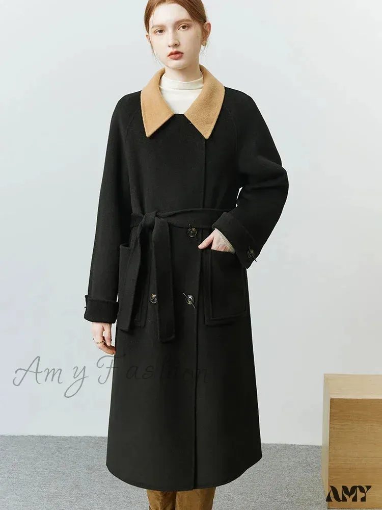 Korean Style Colorblock Lapel Double-sided Elegant Wind Mid-length Coat