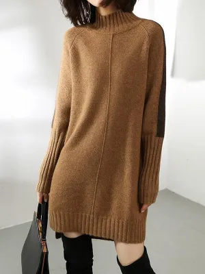 Loose Long Sleeves Contrast Color Half Turtleneck Sweater Dresses