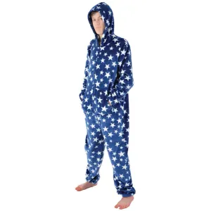 Mens All in One Pyjamas White Stars Hooded Fleece Nightwear