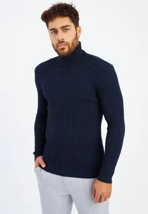 Men'S Knitted Fine Knit Turtleneck Pullover Blue