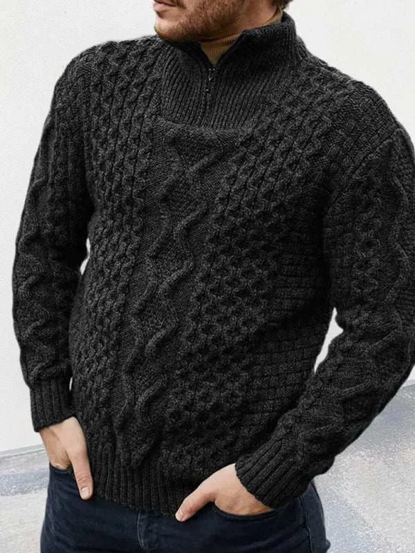 Men's zipper turtleneck long sleeve cable sweater