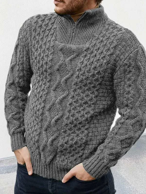 Men's zipper turtleneck long sleeve cable sweater