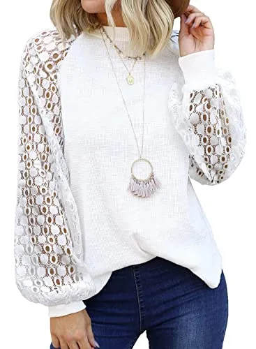 MIHOLL Womens Long Sleeve Shirts Waffle Knit Loose Fitting Tee Tops Pullover Sweaters (White)