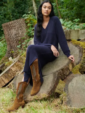 Navy V-Neck Textured Knit Dress