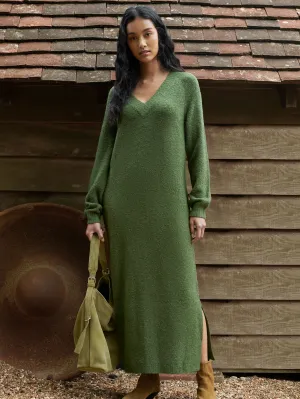 Olive V-Neck Textured Knit Dress