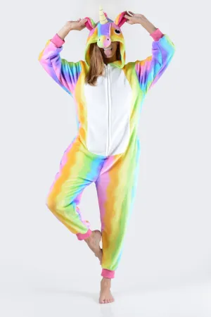 Plush Rainbow Stripe Unicorn Onesie