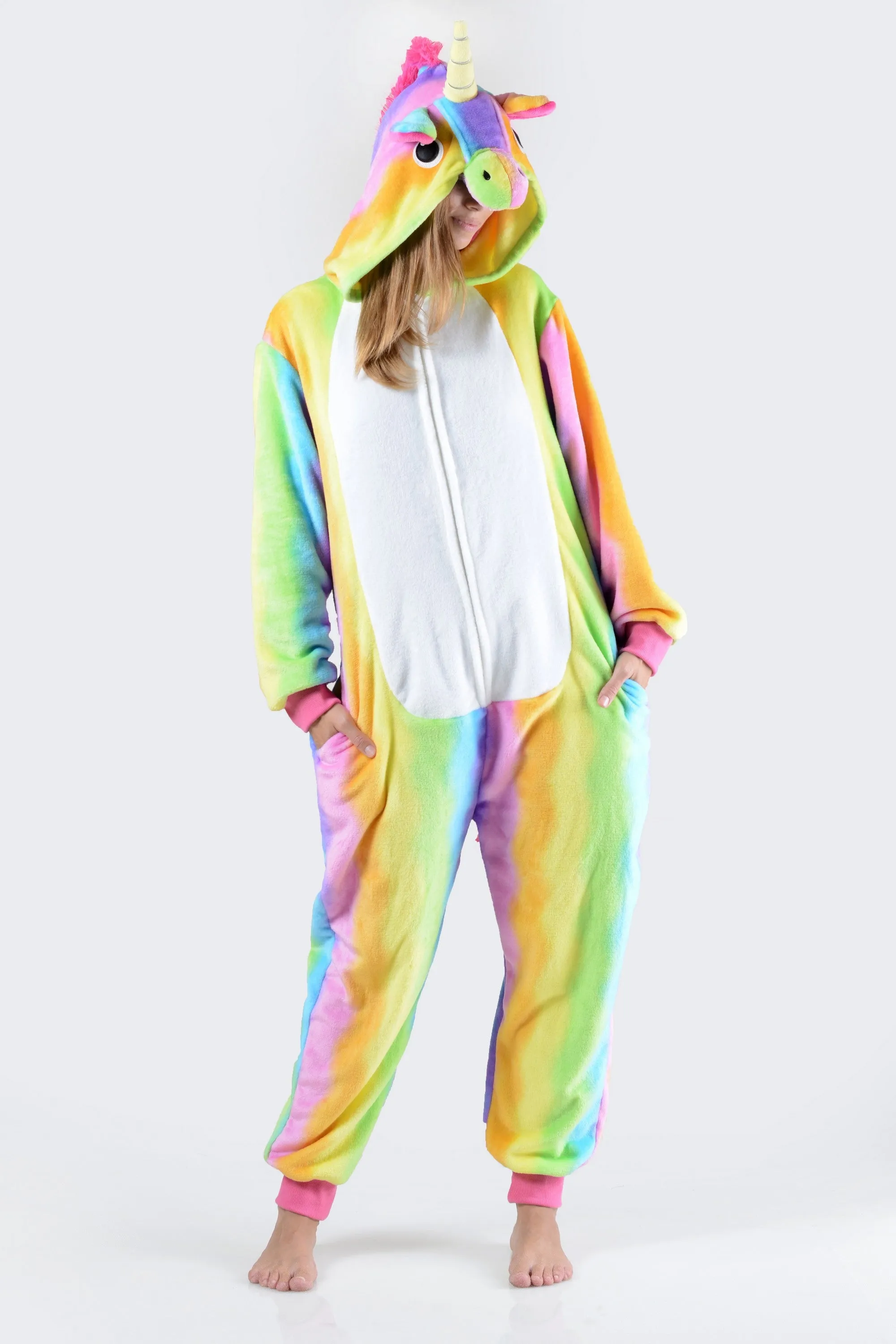 Plush Rainbow Stripe Unicorn Onesie