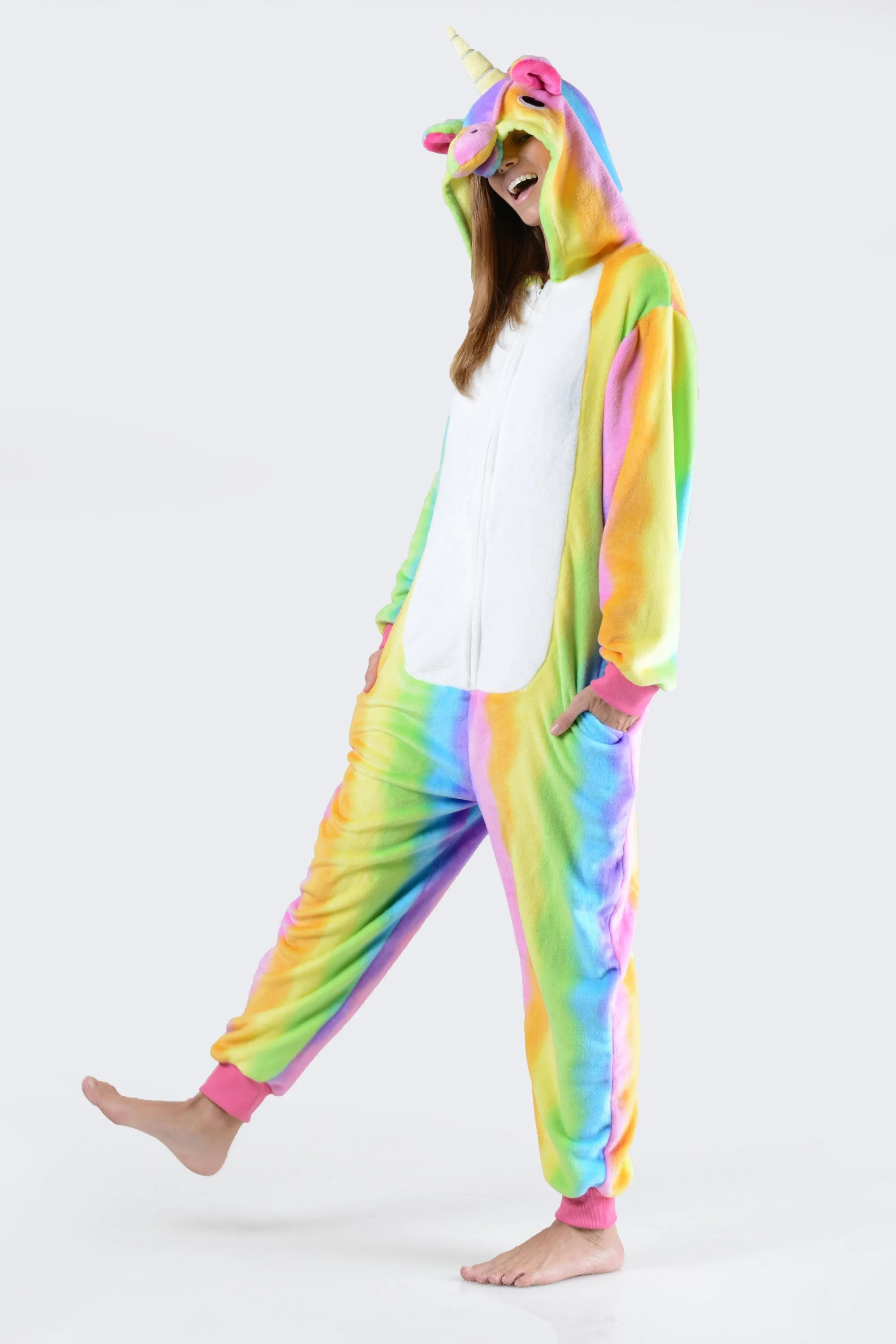 Plush Rainbow Stripe Unicorn Onesie