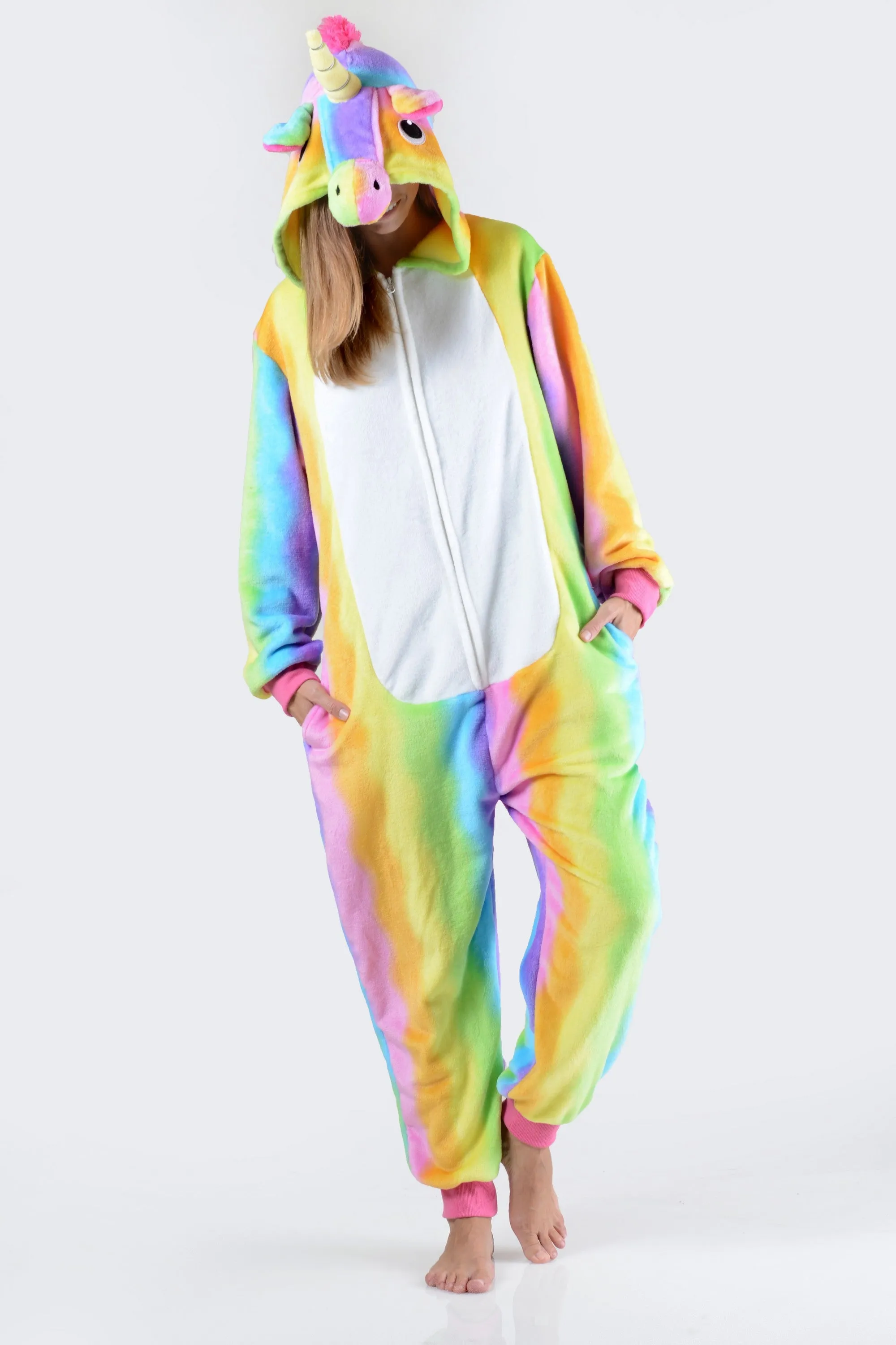 Plush Rainbow Stripe Unicorn Onesie