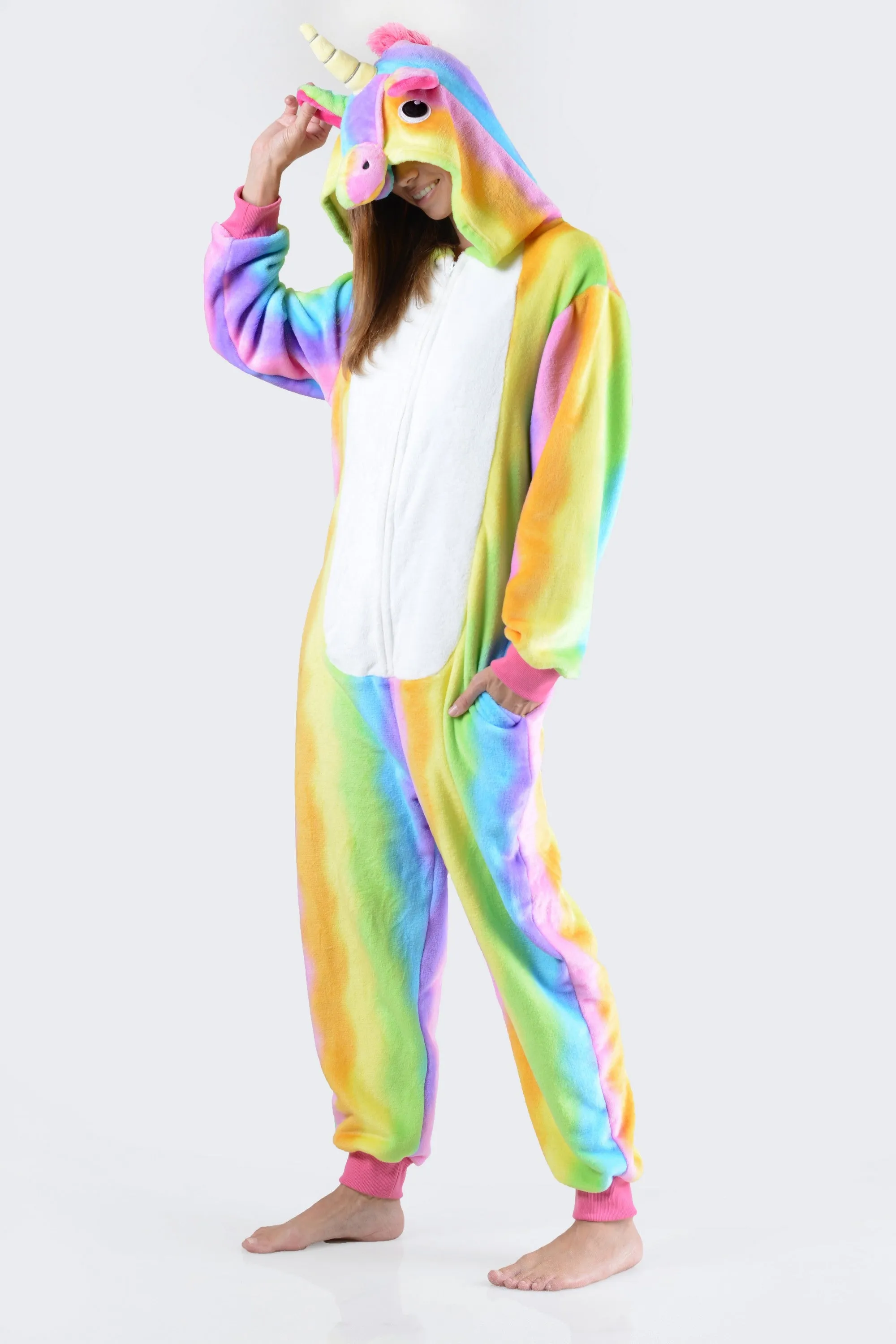 Plush Rainbow Stripe Unicorn Onesie