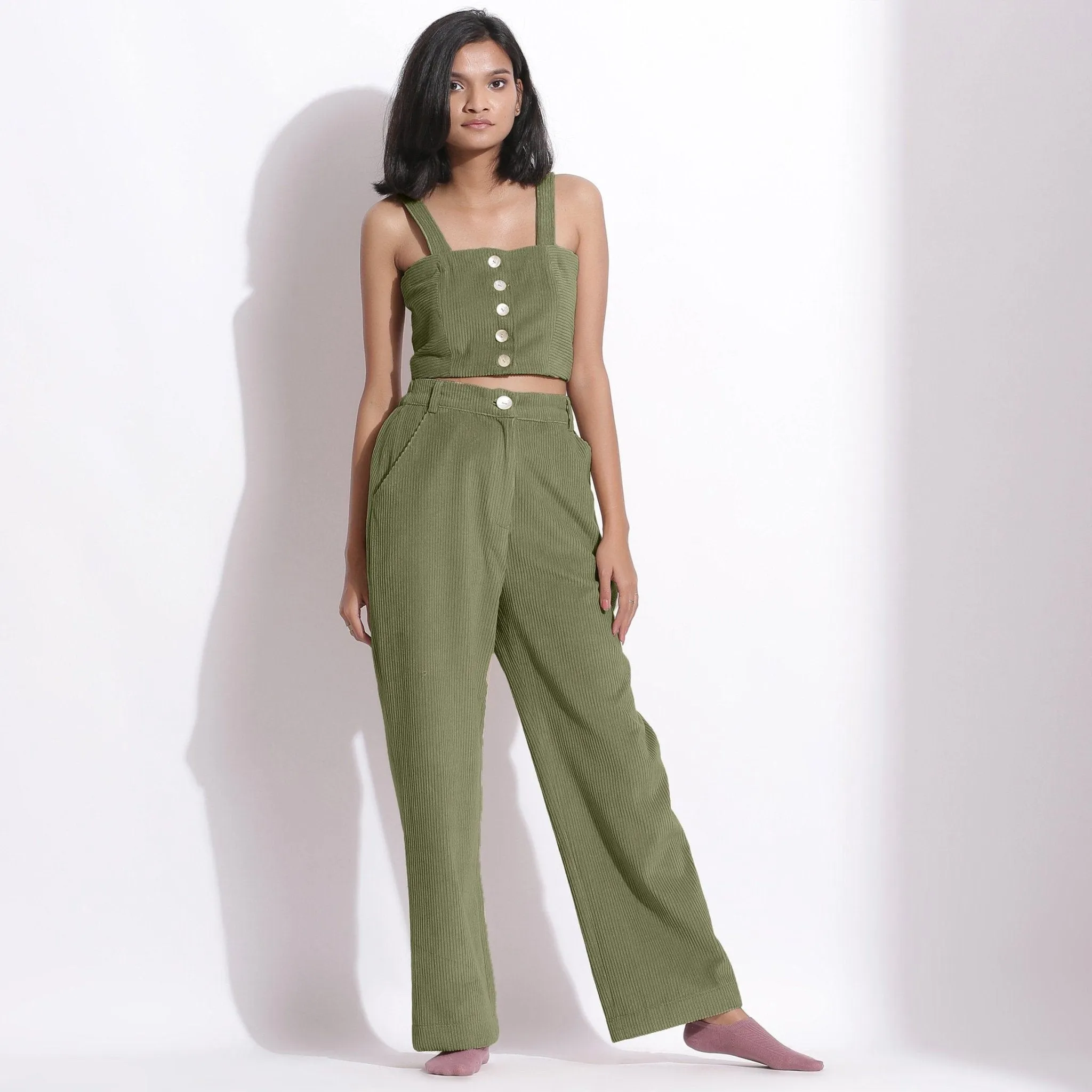 Sage Green Warm Cotton Corduroy Wide Legged Trousers