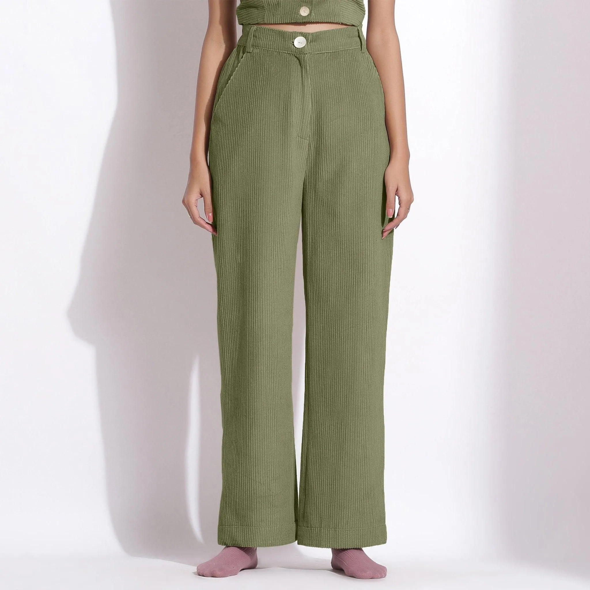 Sage Green Warm Cotton Corduroy Wide Legged Trousers