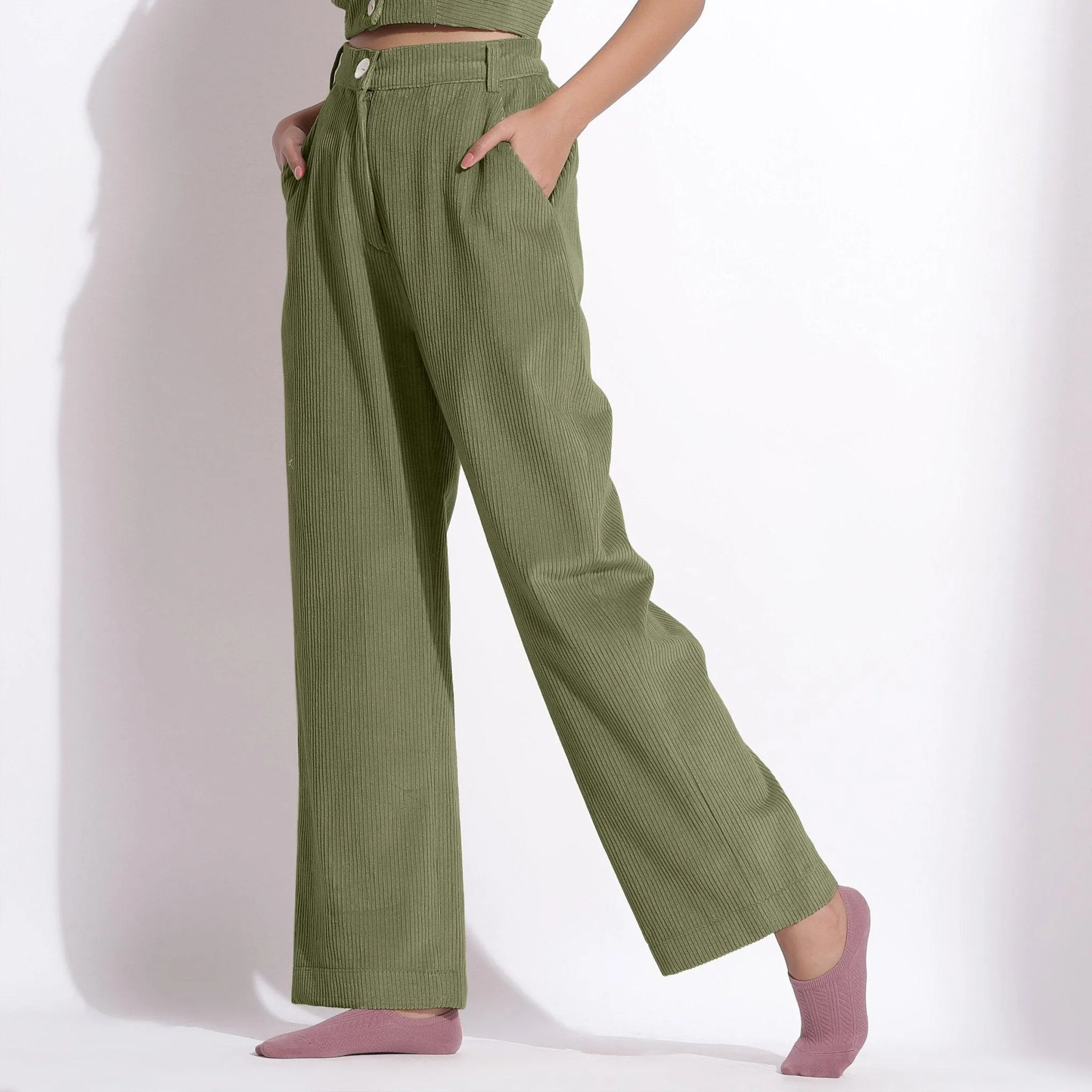 Sage Green Warm Cotton Corduroy Wide Legged Trousers