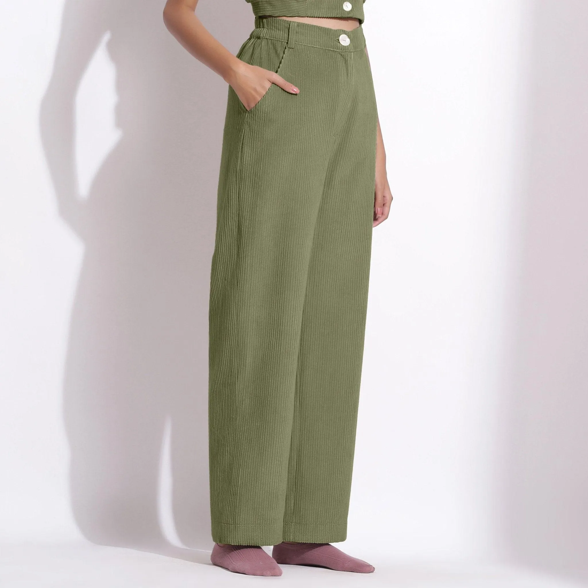 Sage Green Warm Cotton Corduroy Wide Legged Trousers