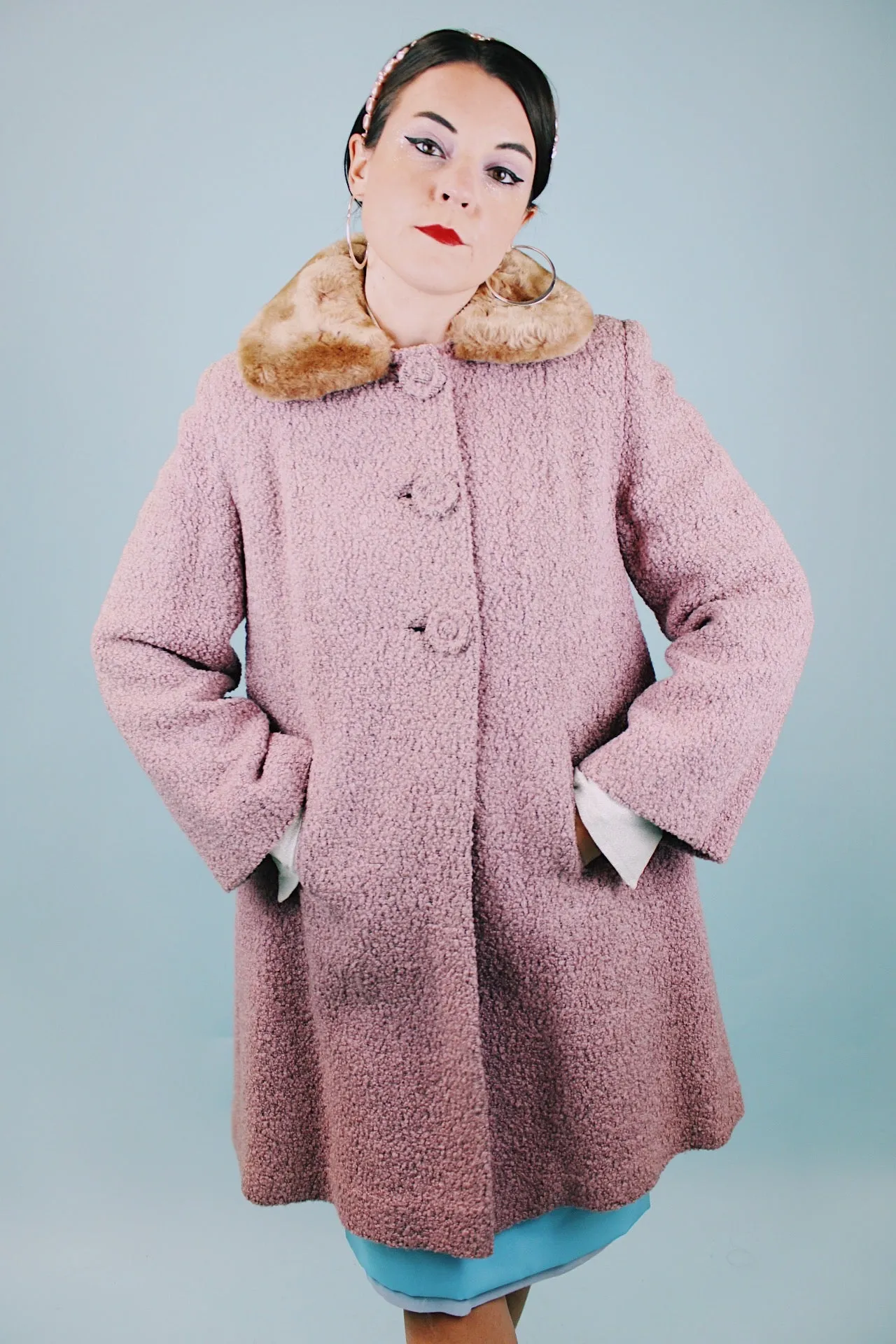 Shearling Wool Coat with Faux Fur Trim