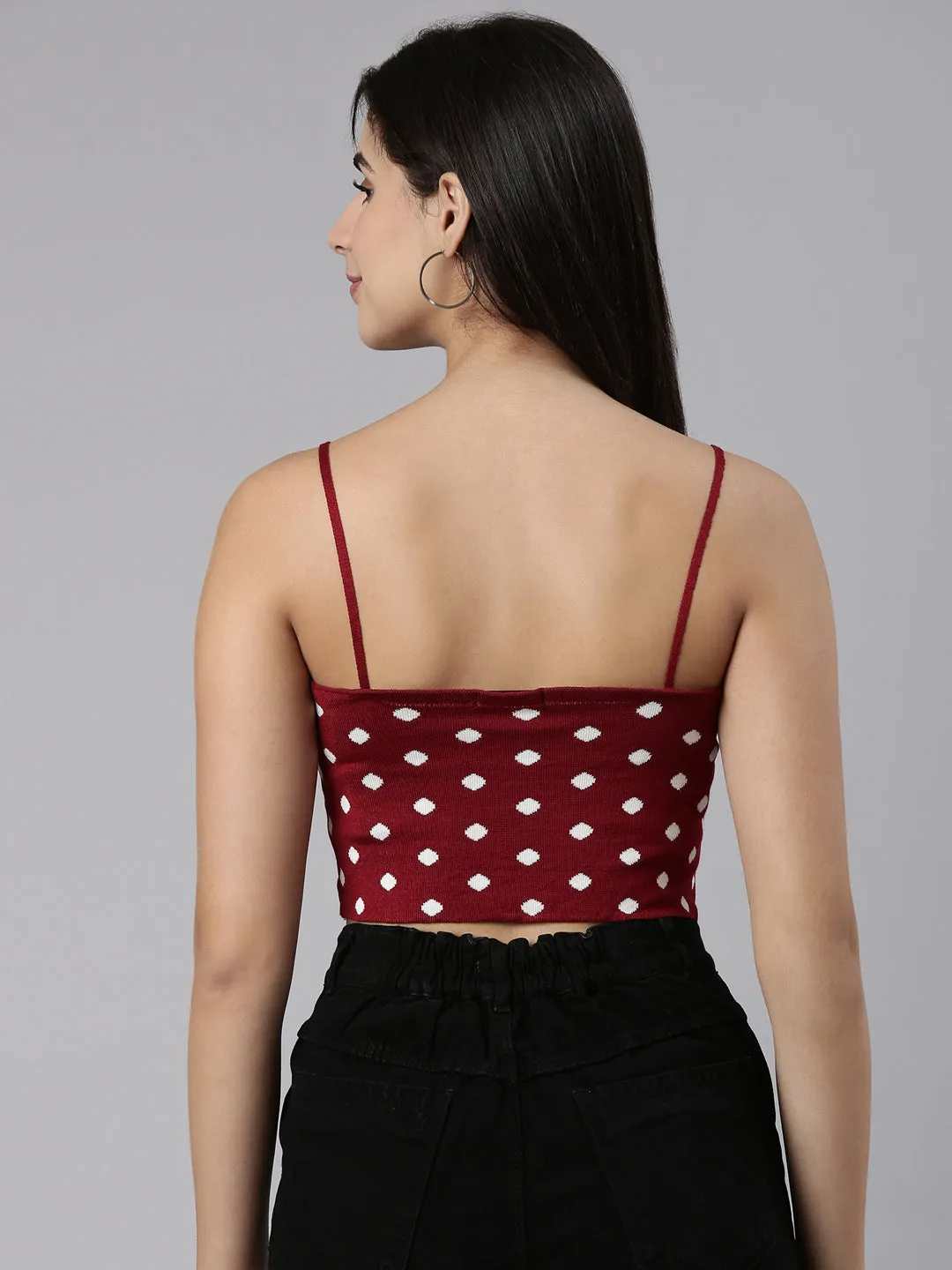 Shoulder Straps Printed Sleeveless Maroon Crop Tank Top