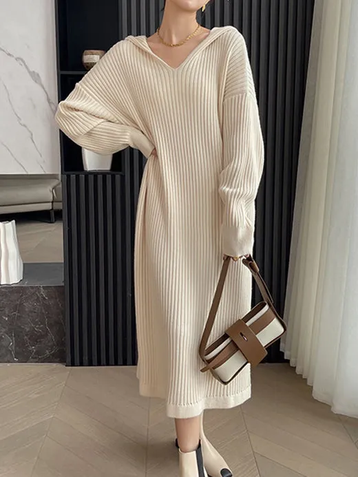 Stylish Long Sleeves Loose Solid Color Hooded Sweater Dresses