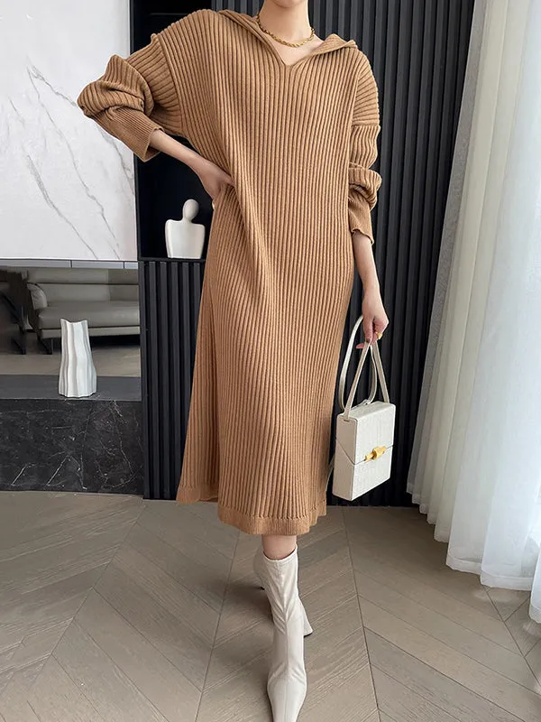 Stylish Long Sleeves Loose Solid Color Hooded Sweater Dresses