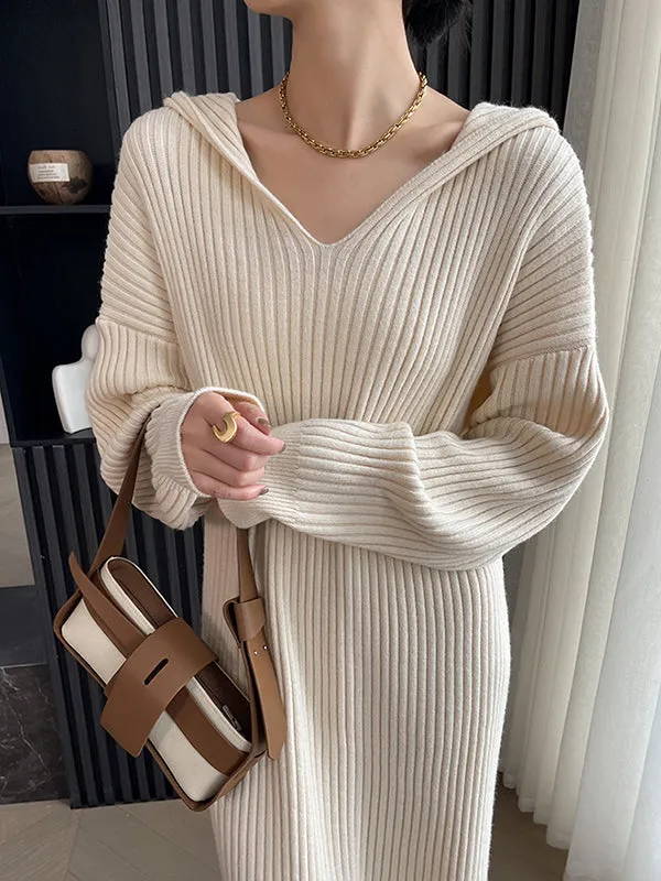 Stylish Long Sleeves Loose Solid Color Hooded Sweater Dresses