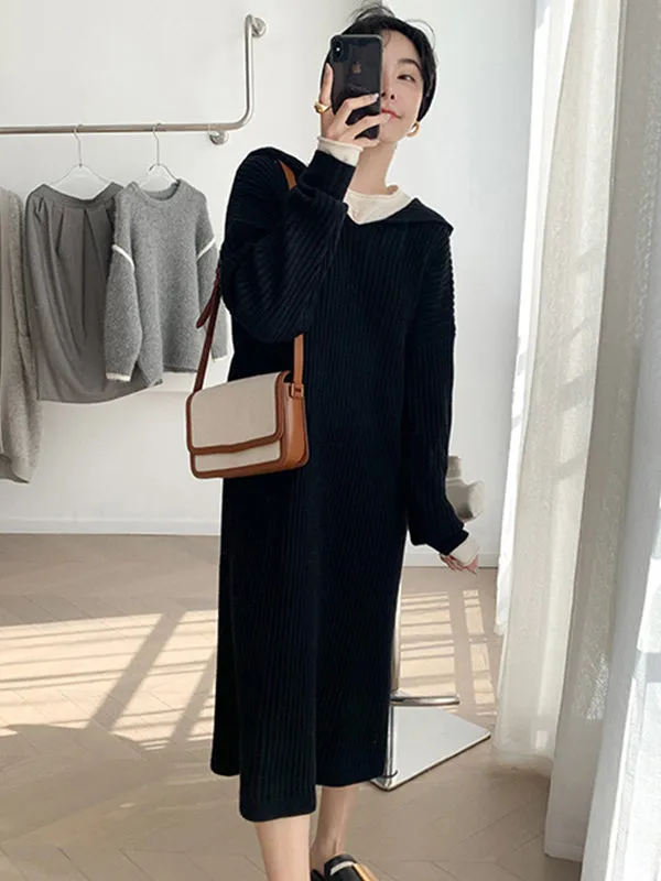 Stylish Long Sleeves Loose Solid Color Hooded Sweater Dresses