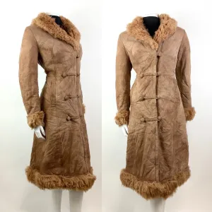 VINTAGE 60s 70s TAWNY BROWN SUEDE LEATHER SHEARLING FUR BOHO PRINCESS COAT 10 12