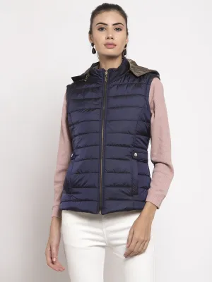 Women Navy Blue Solid Hooded Reversible Jacket