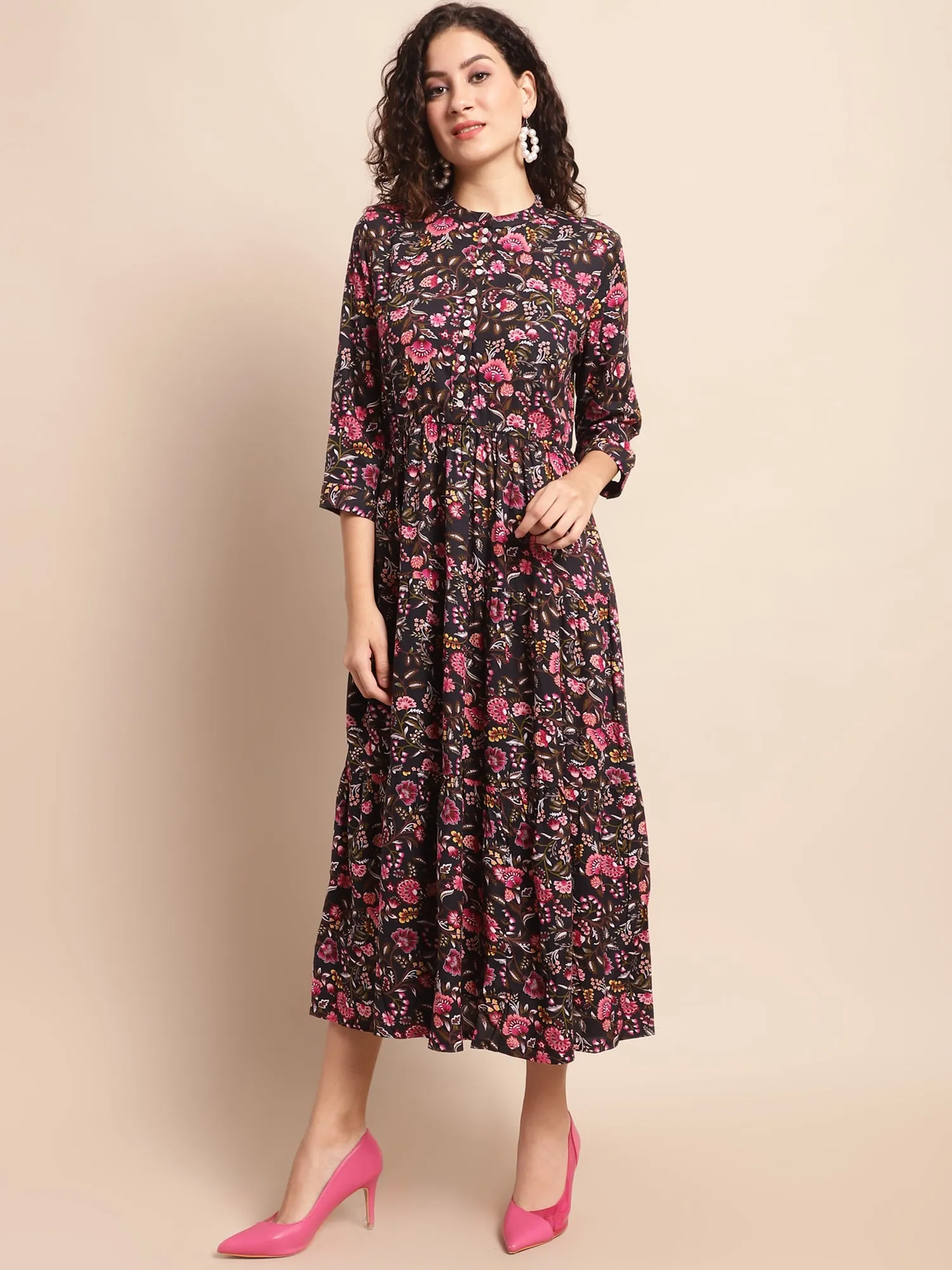 Women's Casual Mandarin Collar Black Floral Print Fit & Flared Dress