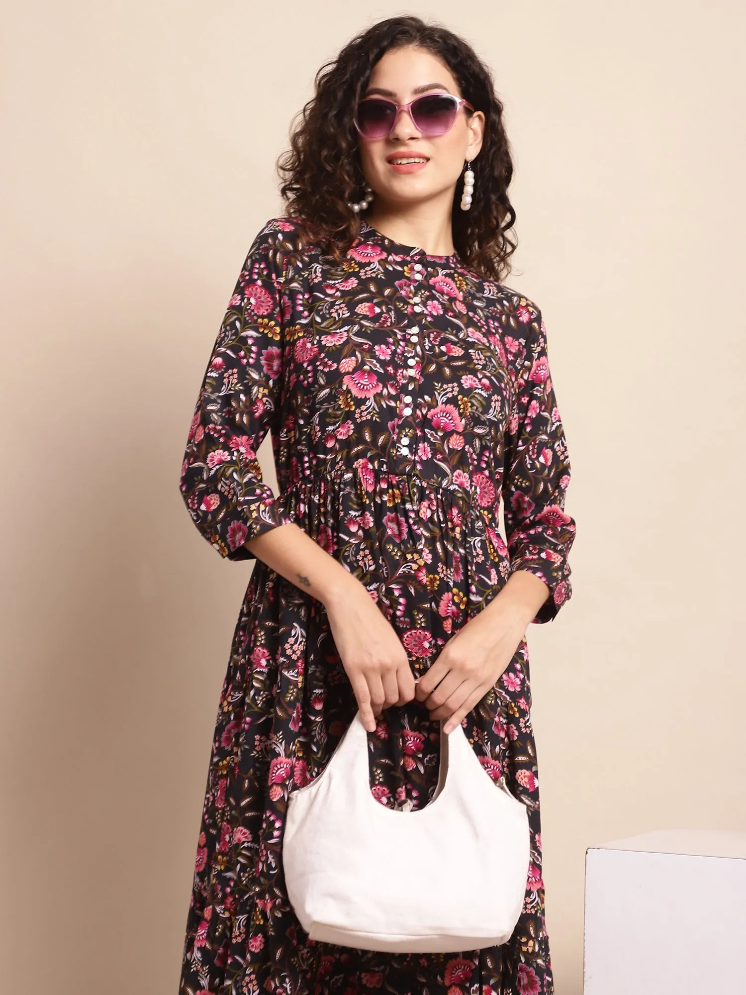 Women's Casual Mandarin Collar Black Floral Print Fit & Flared Dress