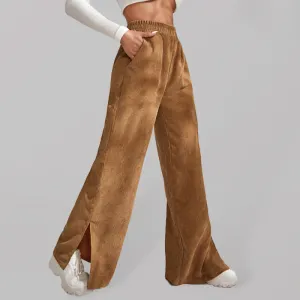 Women's Elastic Waistband Mid-Waist Corduroy Wide Leg Slit Pants