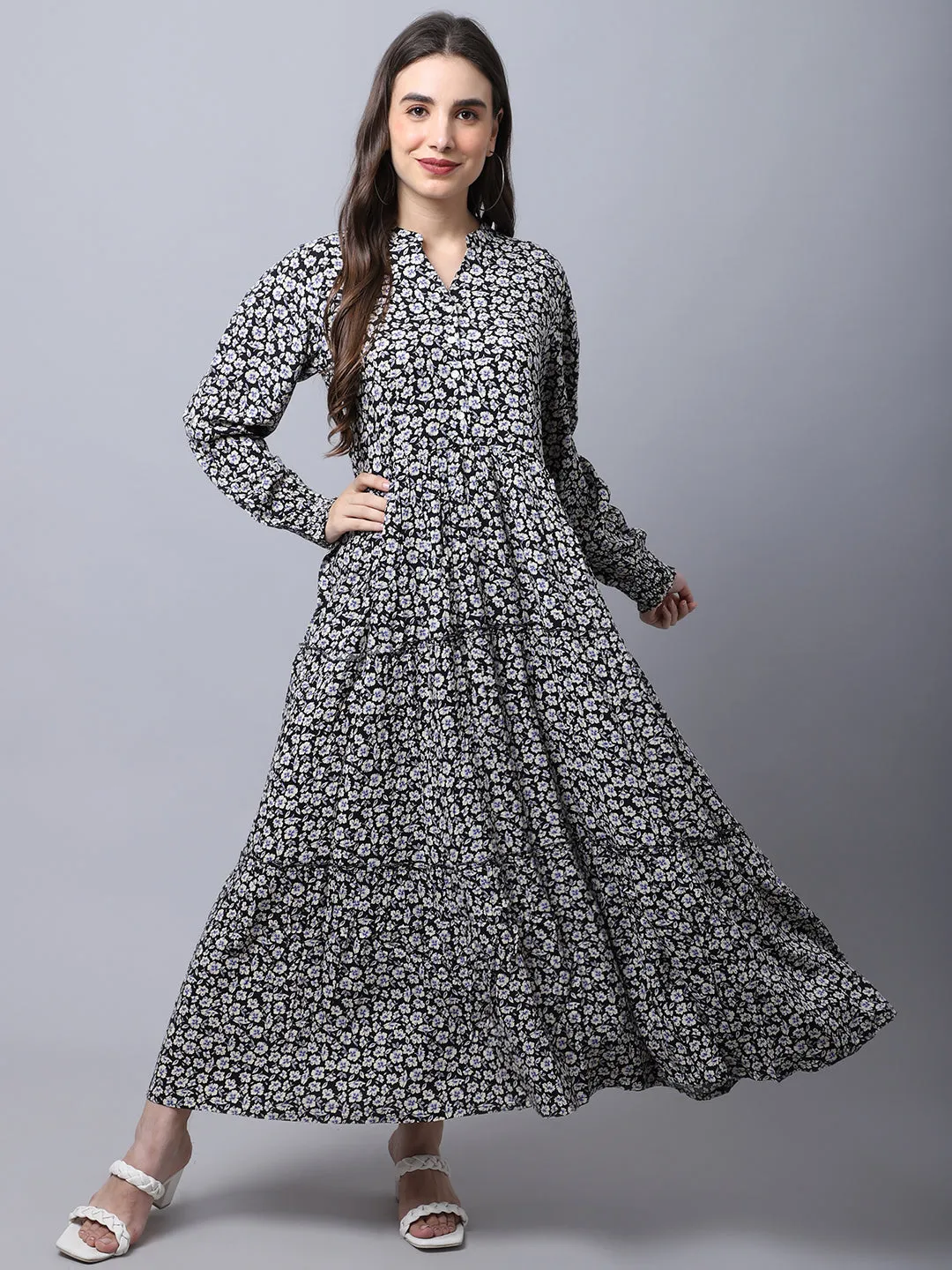 Women's  Mandarin collar Black Floral Print Maxi Dress