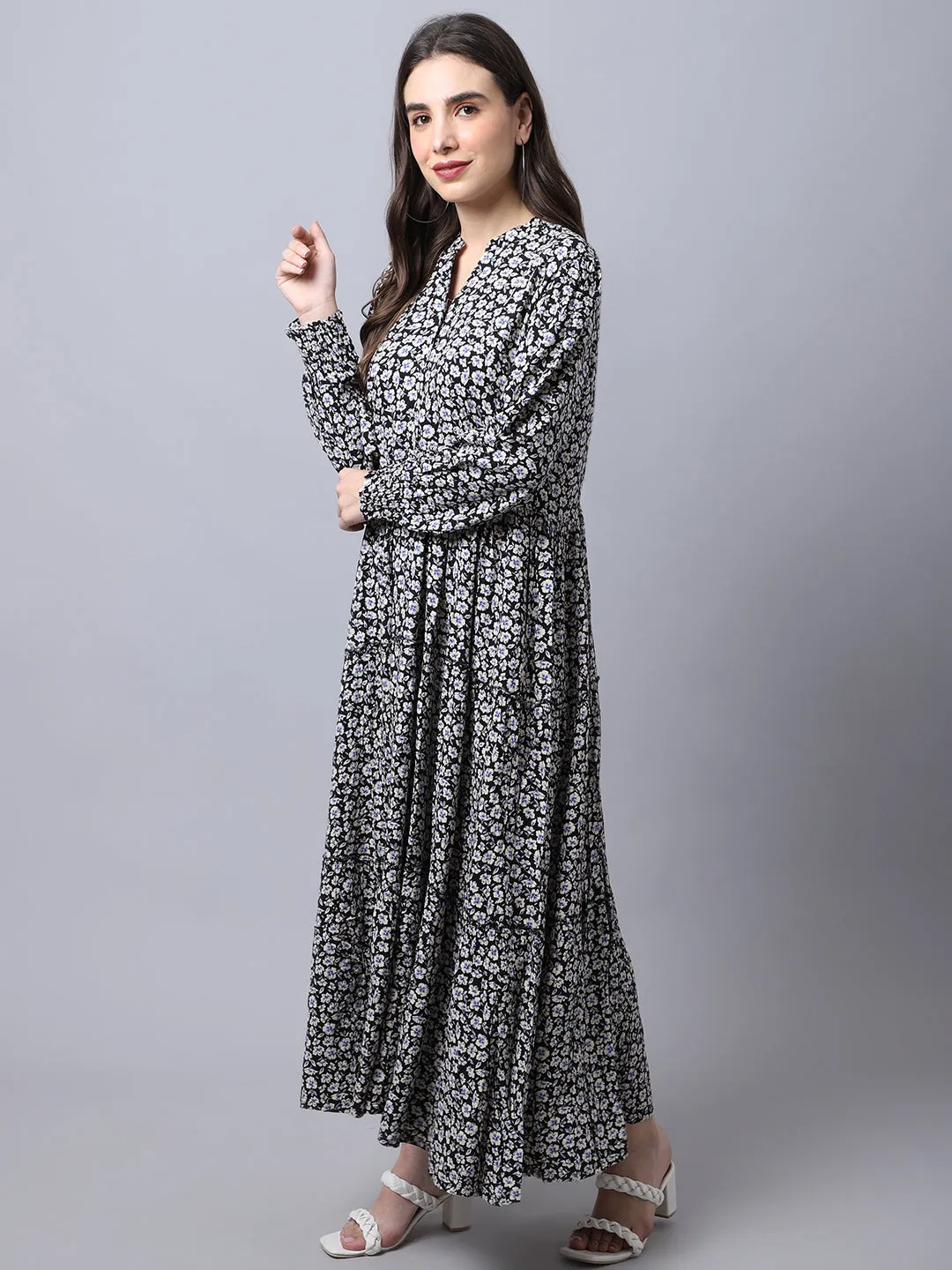 Women's  Mandarin collar Black Floral Print Maxi Dress